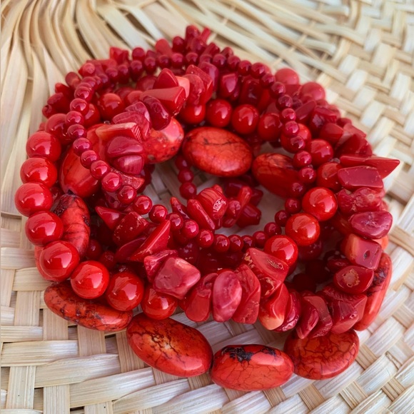 Natural Red Bamboo Coral & Genuine Jasper Gemstone Mixed Beads Bracelet Stack - Picture 8 of 11